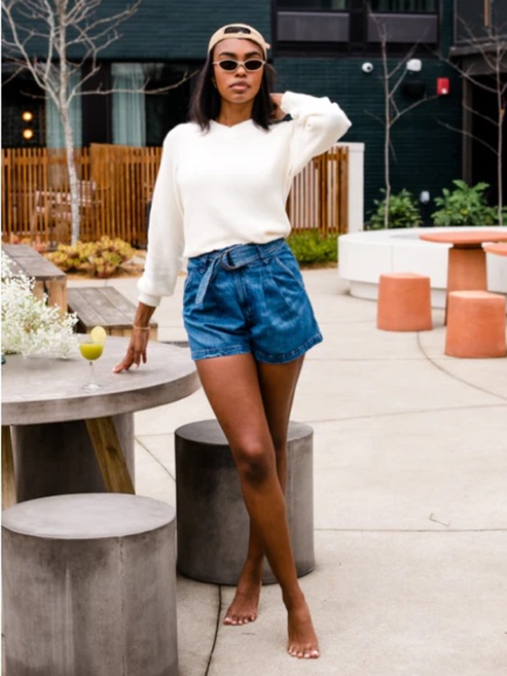 High-Rise Paperbag Denim Shorts in Blue, 6